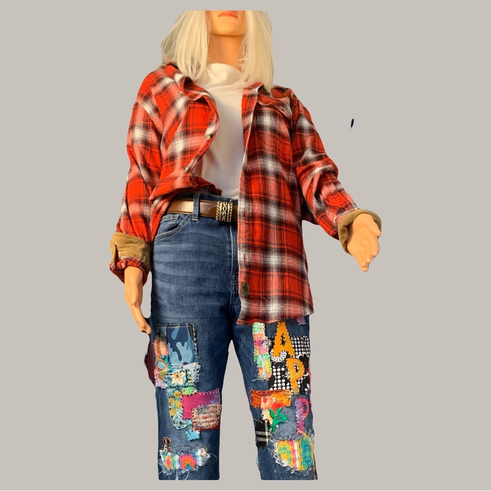 Upcycled Vibrant Red Plaid Unicorn Sequin Shirt - Picture 8 of 11